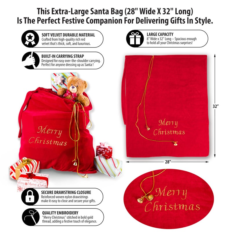 KANGAROO Big Red Velvet Santa Claus Christmas Bag 28 x 32 Inches - Santa Sacks Drawstring Large Christmas Bags for Gifts - Large Xmas Gift Bag for Indoor Decoration and Gift Wrap for Kids Stocking Stuffers - Image 2